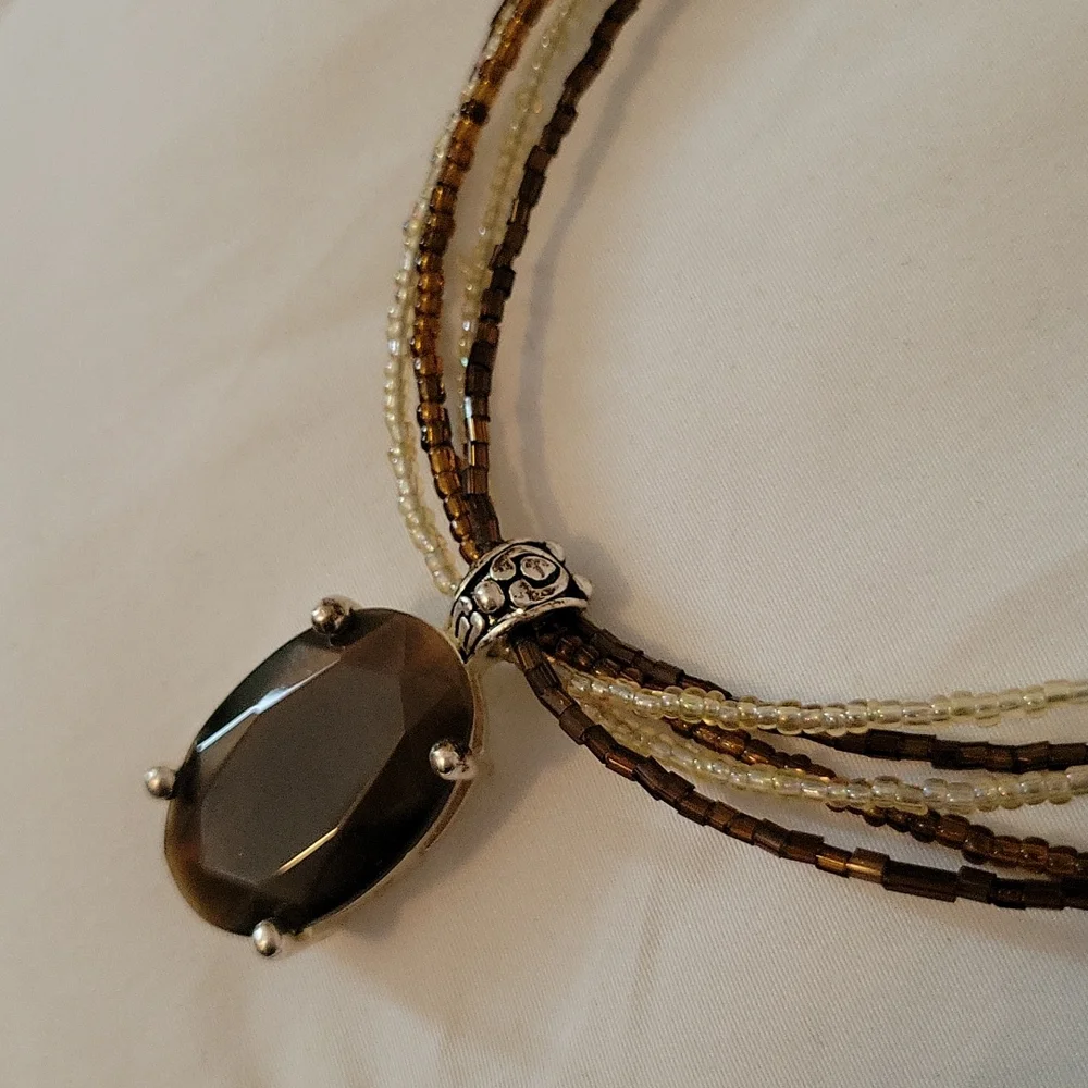 Vintage five string Beaded Necklace w/ Brown Stone - Picture 4 of 6